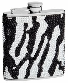 Rhinestone Hip Flask Holding 6 oz - Zebra Pattern Design - Pocket Size, Stainless Steel, Rustproof, Screw-On Cap - Black and White Finish