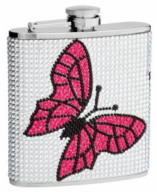 Genuine Rhinestones Hip Flask Holding 6 oz - Butterfly Design - Pocket Size, Stainless Steel, Rustproof, Screw-On Cap - White and Pink Finish