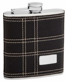 Faux Leather Hip Flask Holding 6 oz - Embossed Design - Pocket Size, Stainless Steel, Rustproof, Screw-On Cap