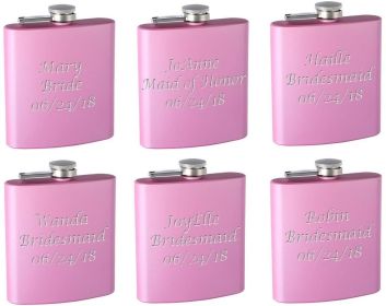 Top Shelf Flasks 6-Pack Personalized (Custom Engraved) 6oz Bridal Party Hip Flasks,  (Pink)