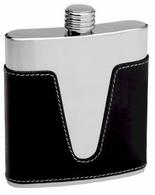 Leather Hip Flask Holding 6 oz - V Cutout Design - Pocket Size, Stainless Steel, Rustproof, Screw-On Cap - Black Finish Perfect for Engraving