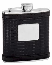 Leather Hip Flask Holding 6 oz - Sophisticated Pattern Design - Pocket Size, Stainless Steel, Rustproof, Screw-On Cap