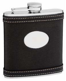 Leather Hip Flask Holding 6 oz - White Accent Stitching Design - Pocket Size, Stainless Steel, Rustproof, Screw-On Cap - Black Gift Box Included