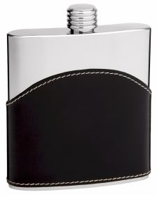 Genuine Leather Hip Flask Holding 6 oz - Pocket Size, Stainless Steel, Rustproof, Screw-On Cap - Black Finish Perfect for Engraving