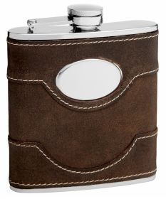 Cow Leather Hip Flask Holding 6 oz - Pocket Size, Stainless Steel, Rustproof, Screw-On Cap - Black Gift Box Included