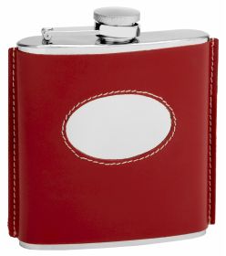 Genuine Red Leather Hip Flask Holding 6 oz - Vintage 1920 Style - Pocket Size, Stainless Steel, Rustproof, Screw-On Cap