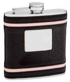 Faux Leather Hip Flask Holding 6 oz - Pink Accent Lines Design - Pocket Size, Stainless Steel, Rustproof, Screw-On Cap