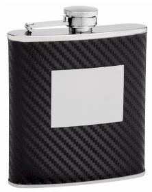 Faux Carbon Fiber Hip Flask Holding 6 oz - Pocket Size, Stainless Steel, Rustproof, Screw-On Cap - Black Finish Perfect for Engraving