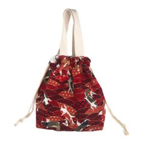 Red Carp Japanese Style Drawstring Canvas Lunch Bag Cute Lunch Box Bento Bag Large Capacity Lunch Tote Bag