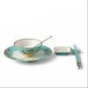 Auratic 6-Piece Chinese Dinnerware Set, Plate, Bowl, Sauce Dish, Spoon, Chopsticks, China Painted Ceramic Tableware Set(Lake Blue, Peony)