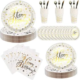 112PCS Bronzing Gold Happy Birthday Paper Plates Party Supplies Pack Disposable Tableware Set for Kids Serves 16 Guests Include Plates; Cups; Napkins;