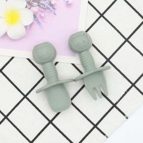 Baby Bear Pattern Complementary Food Training Lovely Silicone Spoon Fork Sets (Size/Age: Average Size (0-8Y), Color: Green)