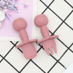 Baby Bear Pattern Complementary Food Training Lovely Silicone Spoon Fork Sets (Size/Age: Average Size (0-8Y), Color: Pink)