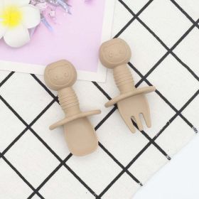 Baby Bear Pattern Complementary Food Training Lovely Silicone Spoon Fork Sets (Size/Age: Average Size (0-8Y), Color: Khaki)