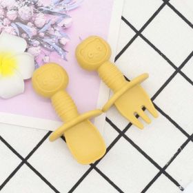 Baby Bear Pattern Complementary Food Training Lovely Silicone Spoon Fork Sets (Size/Age: Average Size (0-8Y), Color: Yellow)