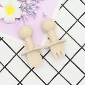 Baby Bear Pattern Complementary Food Training Lovely Silicone Spoon Fork Sets (Size/Age: Average Size (0-8Y), Color: Beige)