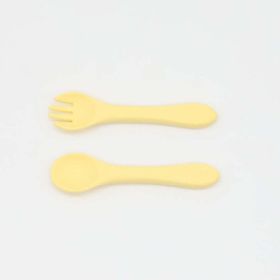 Baby Food Grade Complementary Food Training Silicone Spoon Fork Sets (Size/Age: Average Size (0-8Y), Color: Light Yellow)