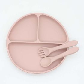 Baby Silicone Round Sucker Compartment Dinner Plate With Spoon Fork Sets (Size/Age: Average Size (0-8Y), Color: Light Pink)