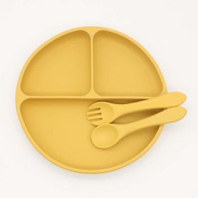 Baby Silicone Round Sucker Compartment Dinner Plate With Spoon Fork Sets (Size/Age: Average Size (0-8Y), Color: Yellow)