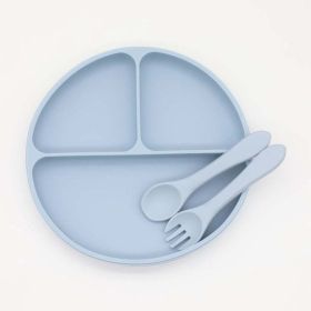 Baby Silicone Round Sucker Compartment Dinner Plate With Spoon Fork Sets (Size/Age: Average Size (0-8Y), Color: Blue)