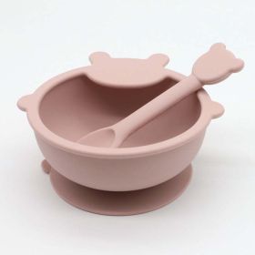 Baby Cartoon Bear Shape Complementary Food Training Silicone Bowl With Spoon Sets (Size/Age: Average Size (0-8Y), Color: Light Pink)